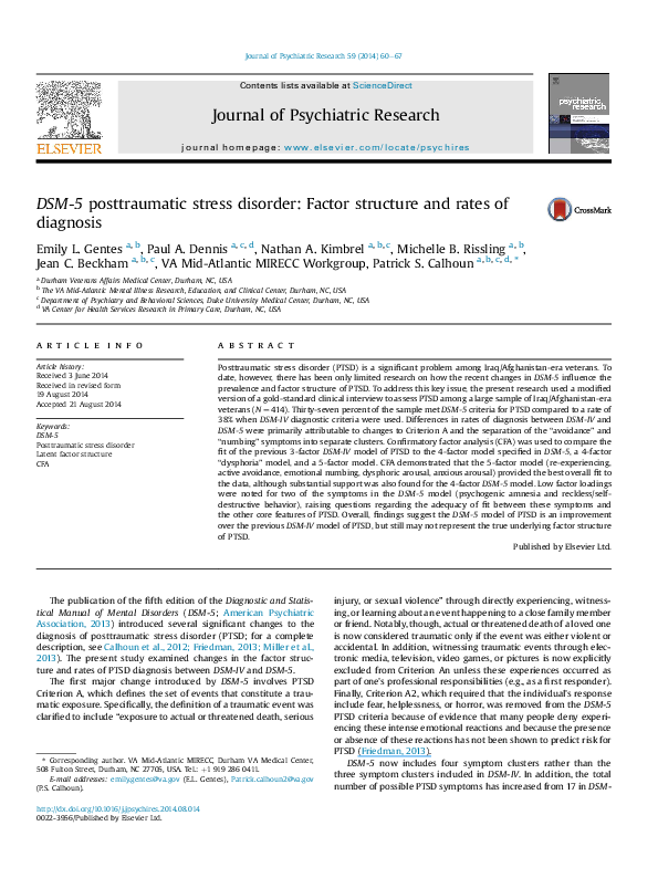 (PDF) DSM-5 posttraumatic stress disorder: factor structure and rates ...