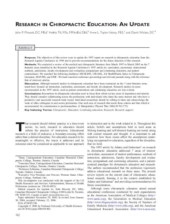 (PDF) Research in Chiropractic Education: An Update