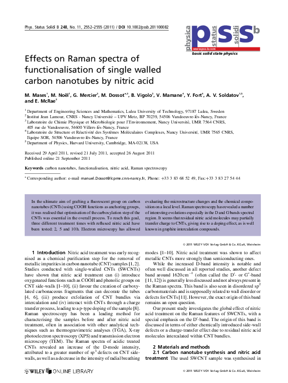(PDF) Effects on Raman spectra of functionalisation of single walled ...