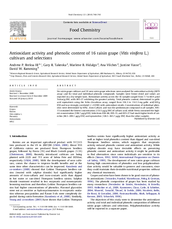 (PDF) Antioxidant activity and phenolic content of 16 raisin grape ...