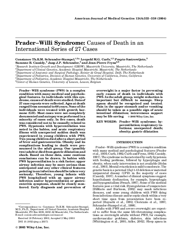 (PDF) PraderWilli syndrome Causes of death in an international series