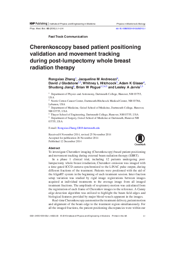 (PDF) Cherenkoscopy based patient positioning validation and movement