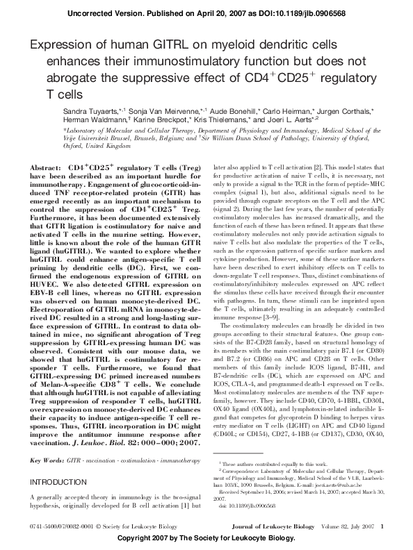 (PDF) Expression of human GITRL on myeloid dendritic cells enhances ...