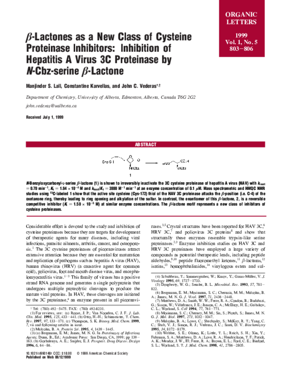 Pdf B Lactones As A New Class Of Cysteine Proteinase Inhibitors Inhibition Of Hepatitis A Virus 3c Proteinase By N Cbz Serine B Lactone Constantine Karvellas Academia Edu