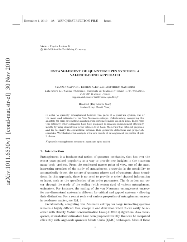 (PDF) ENTANGLEMENT OF QUANTUM SPIN SYSTEMS: A VALENCE-BOND APPROACH