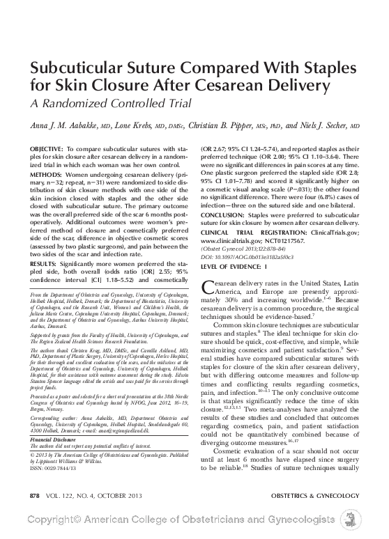 (PDF) Subcuticular suture compared with staples for skin closure after