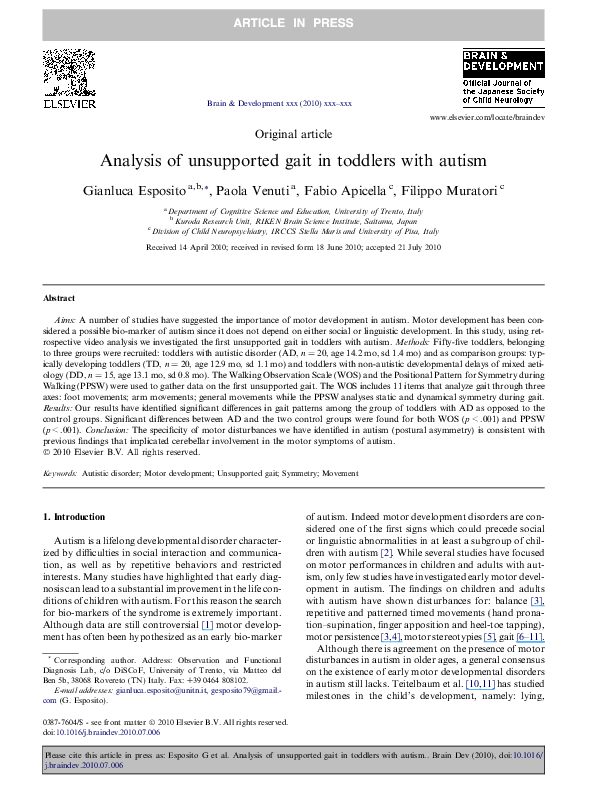 (PDF) Analysis of unsupported gait in toddlers with autism