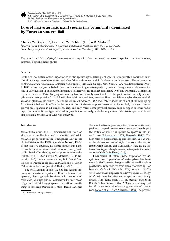(PDF) Loss of native aquatic plant species in a community dominated by