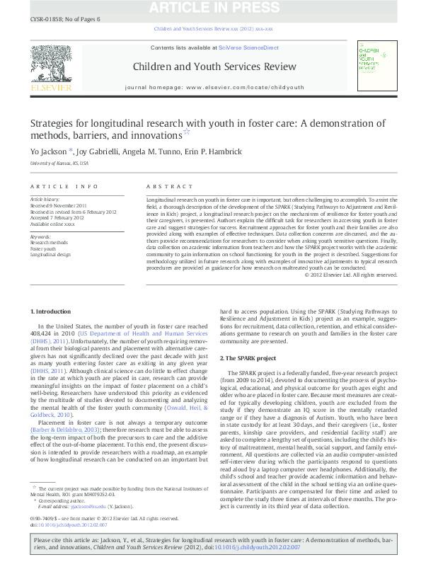 (PDF) Strategies for longitudinal research with youth in foster care: A ...