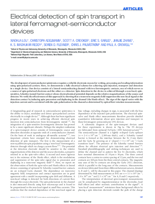 (PDF) Electrical detection of spin transport in lateral ferromagnet ...