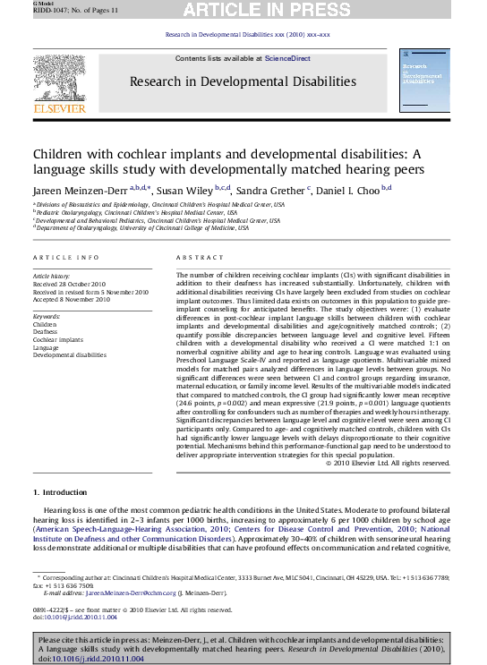(PDF) Children with cochlear implants and developmental disabilities: A ...