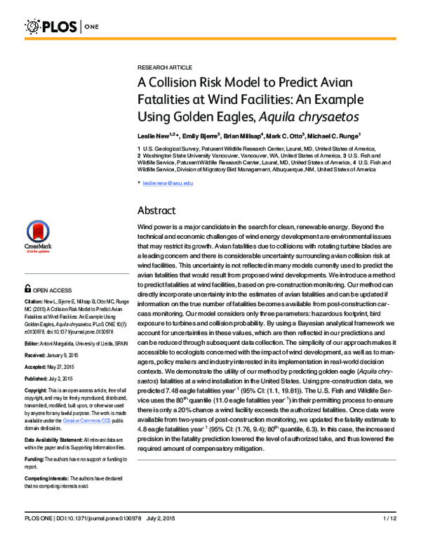 (PDF) A Collision Risk Model to Predict Avian Fatalities at Wind ...