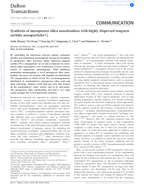 (PDF) Synthesis of mesoporous silica nanobamboo with highly dispersed ...