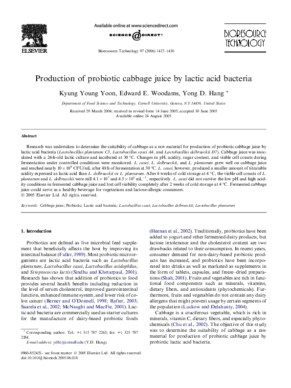 (PDF) Production of probiotic cabbage juice by lactic acid bacteria