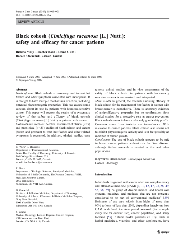 (PDF) Black cohosh (Cimicifuga racemosa [L.] Nutt.) safety and