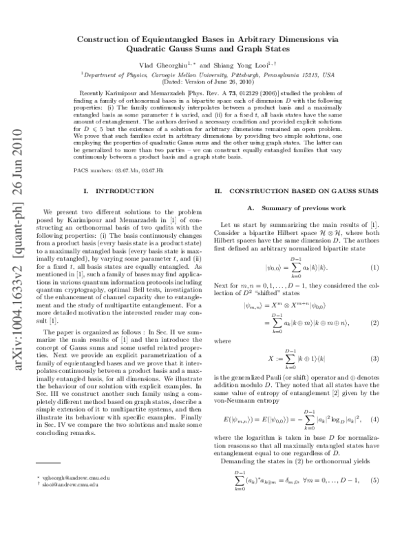 (PDF) Construction of equally entangled bases in arbitrary dimensions ...