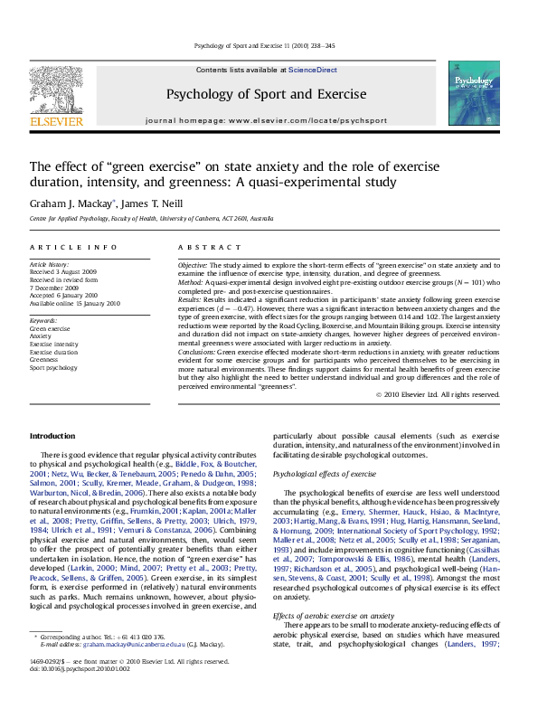 (PDF) The effect of “green exercise” on state anxiety and the role of ...