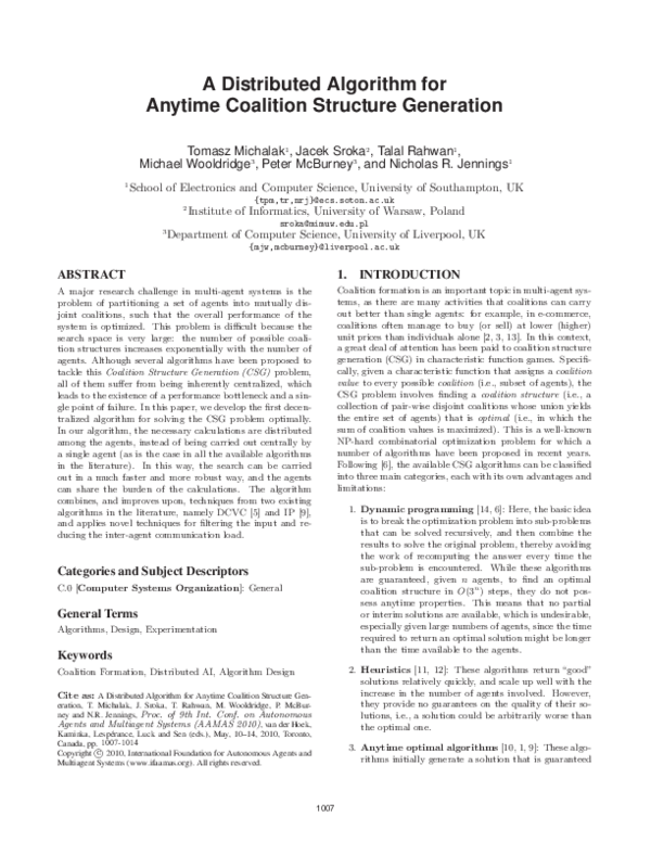 (PDF) A distributed algorithm for anytime coalition structure generation