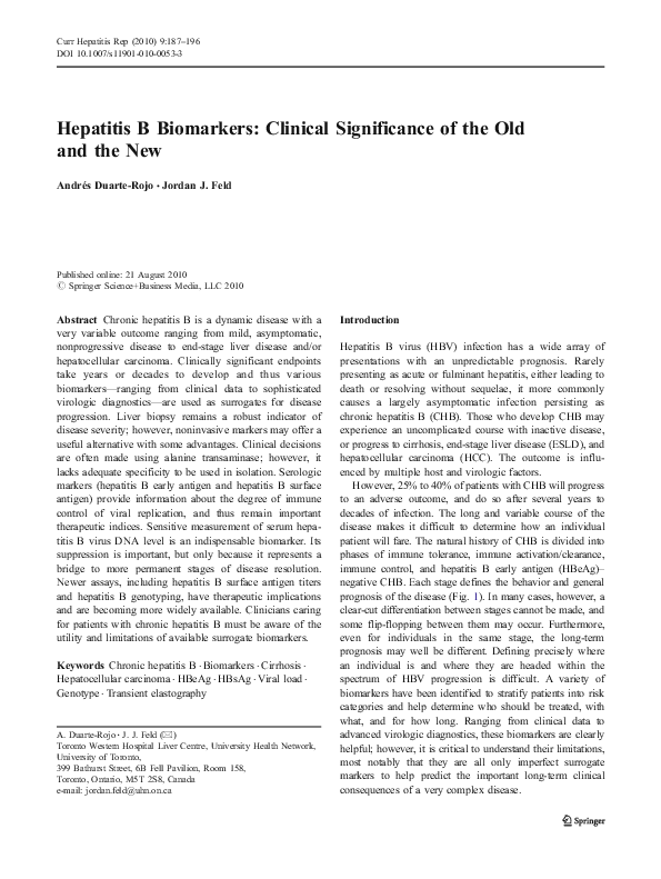 (PDF) Hepatitis B Biomarkers: Clinical Significance of the Old and the New