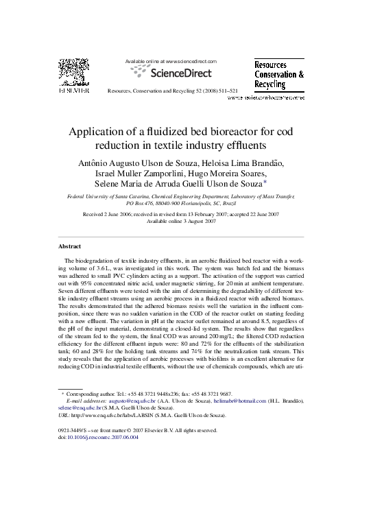(PDF) Application of a fluidized bed bioreactor for cod reduction in
