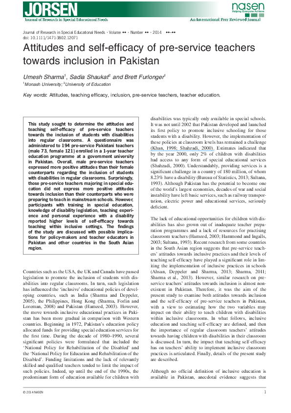 (PDF) Attitudes and self-efficacy of pre-service teachers towards ...