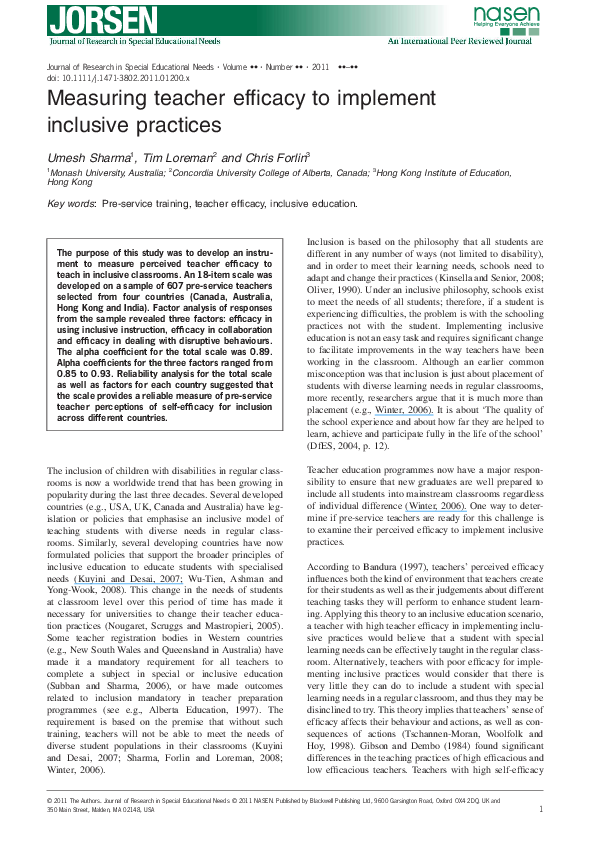 (PDF) Measuring teacher efficacy to implement inclusive practices