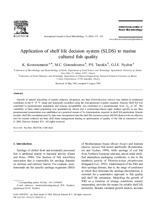 (PDF) Application of shelf life decision system (SLDS) to marine cultured fish quality K