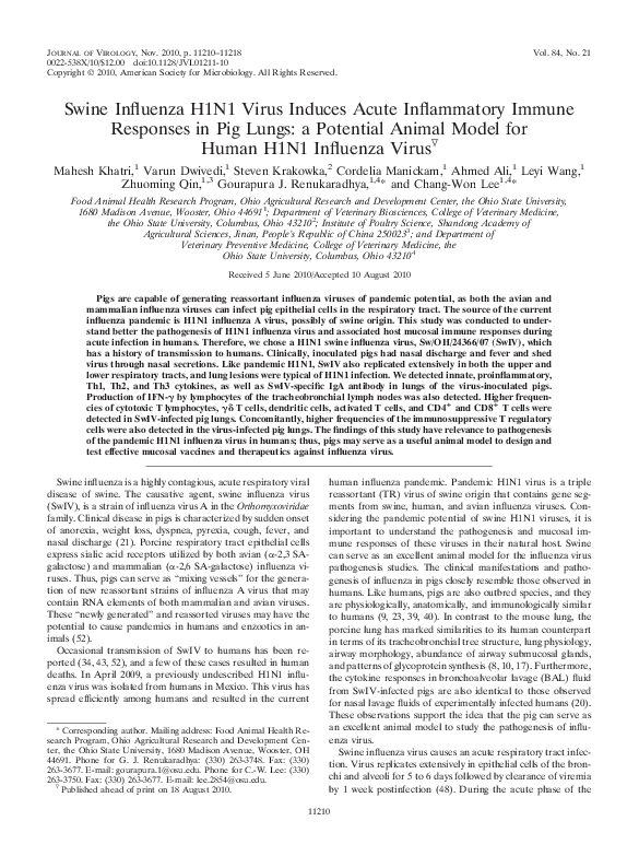(PDF) Swine Influenza H1N1 Virus Induces Acute Inflammatory Immune ...