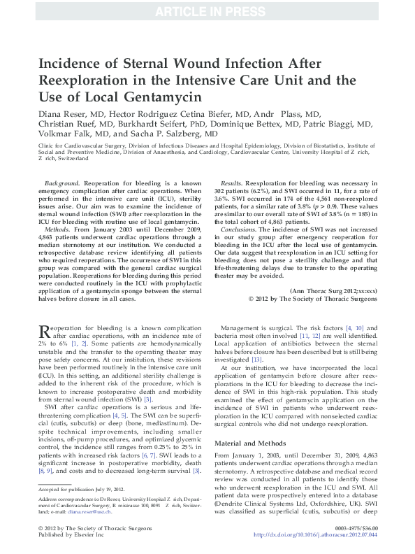 (PDF) Incidence of Sternal Wound Infection After Reexploration in the ...