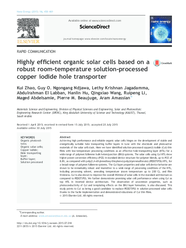 (PDF) Highly efficient organic solar Cells based on a robust room