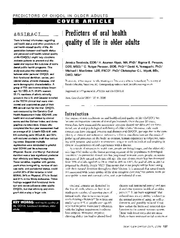 (PDF) Predictors of oral health quality of life in older adults