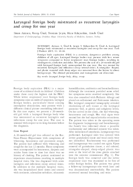 (PDF) Laryngeal foreign body mistreated as recurrent laryngitis and croup for one year Sinan