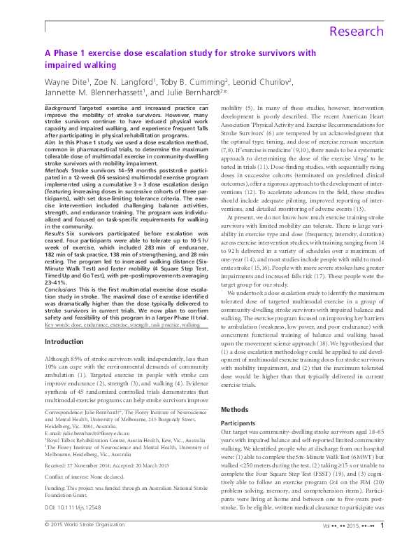(PDF) A Phase 1 exercise dose escalation study for stroke survivors ...