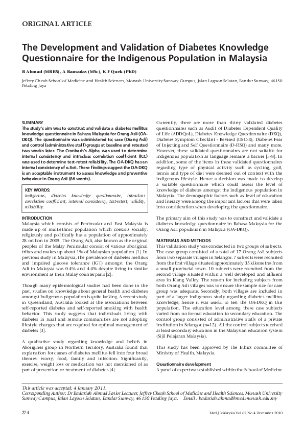 (PDF) The development and validation of diabetes knowledge ...