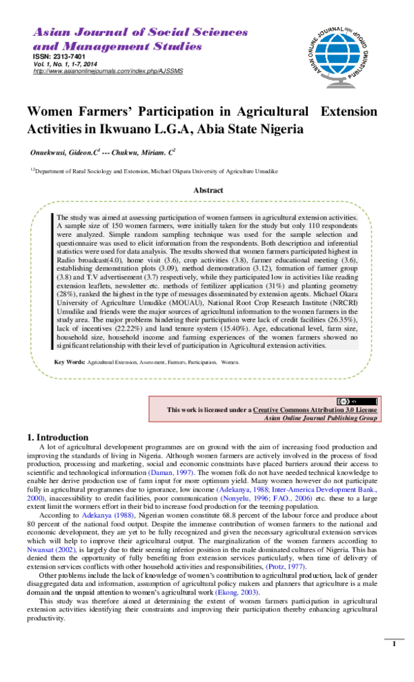 (PDF) Women Farmers’ Participation in Agricultural Extension Activities ...