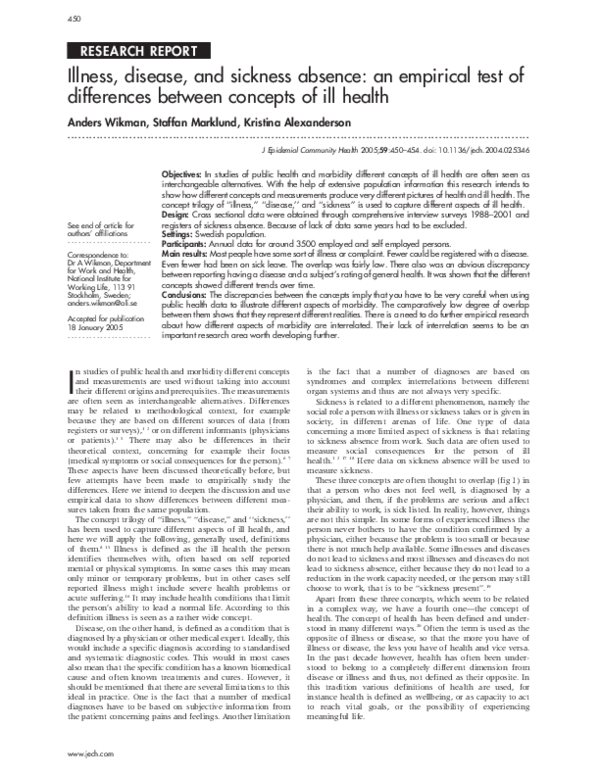 Pdf Illness Disease And Sickness Absence An Empirical Test Of Differences Between Concepts Of Ill Health Agneta Wikman Academia Edu