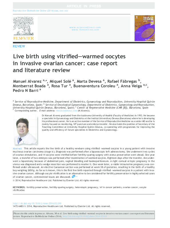 (PDF) Live birth using vitrified--warmed oocytes in invasive ovarian ...