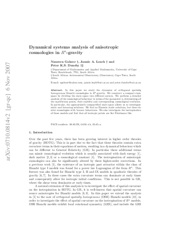 (PDF) Dynamical systems analysis of anisotropic cosmologies in R n -gravity