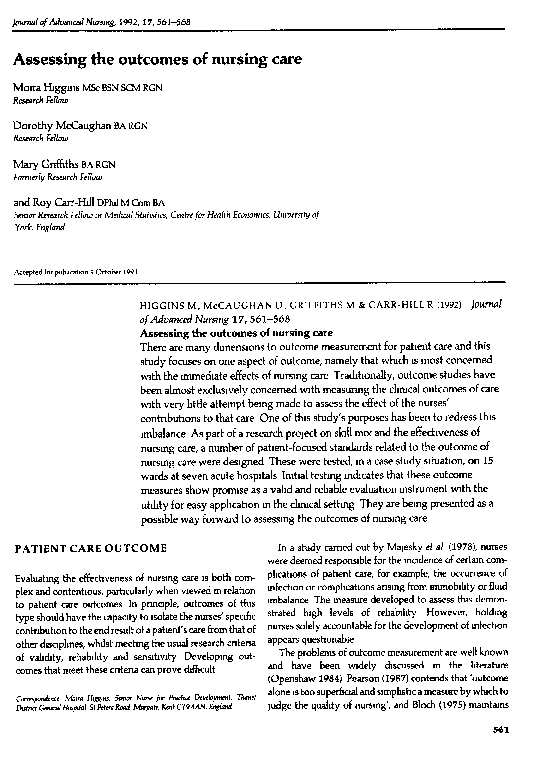 (PDF) Assessing the outcomes of nursing care