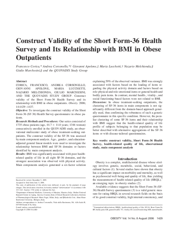 (PDF) Construct Validity of the Short Form-36 Health Survey and Its ...