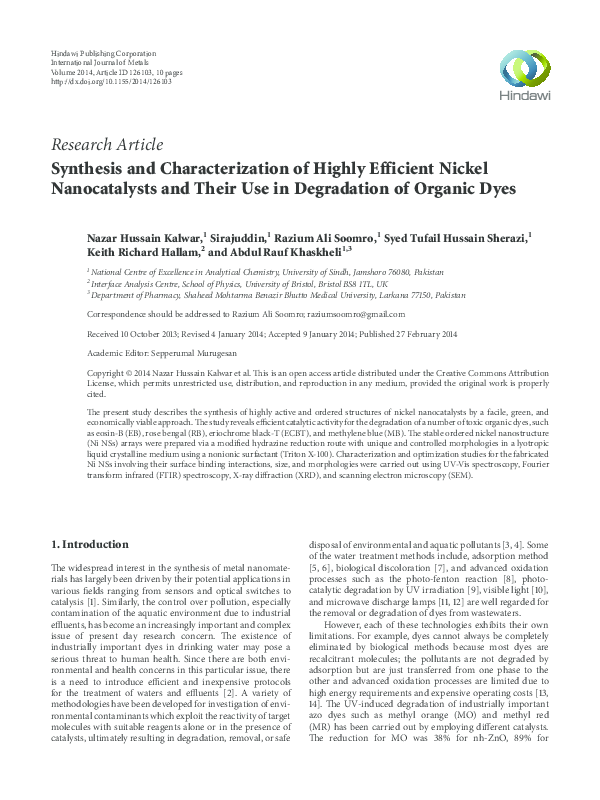 (PDF) Synthesis and Characterization of Highly Efficient Nickel ...