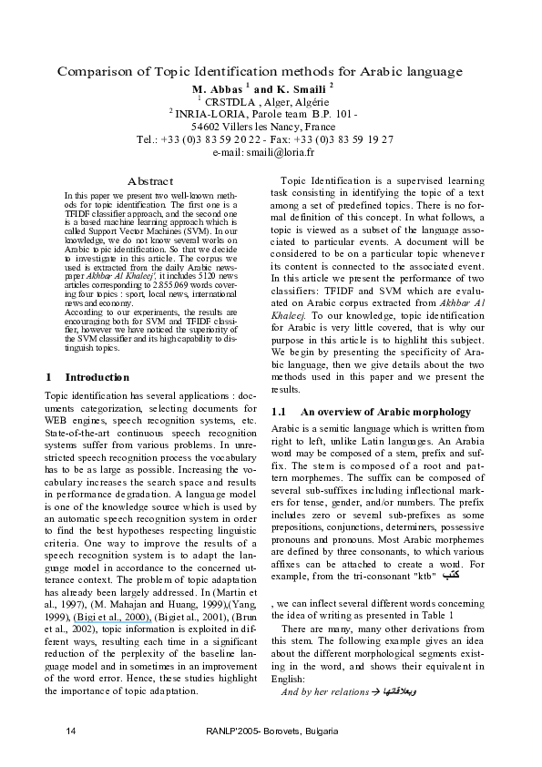 (PDF) Comparison of Topic Identification Methods for Arabic Language