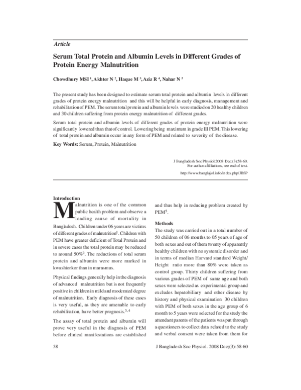 (PDF) Serum Total Protein and Albumin Levels in Different Grades of