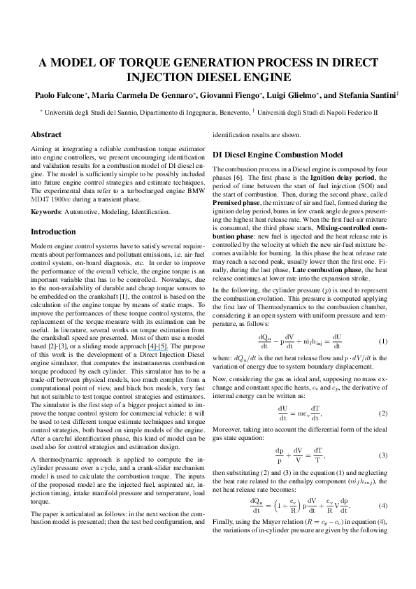 (PDF) A Model of Torque Generation Process in Direct Injection Diesel ...