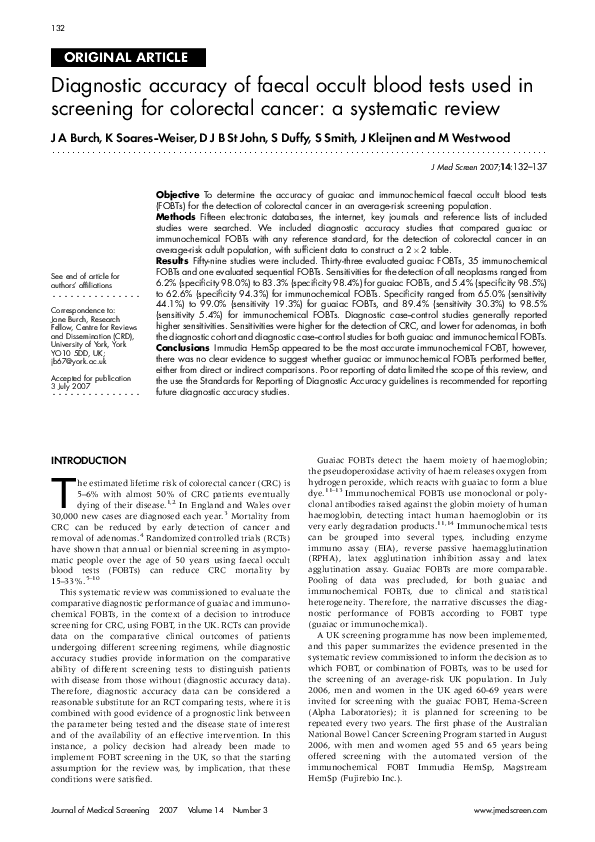 (PDF) Diagnostic accuracy of faecal occult blood tests used in screening for colorectal cancer