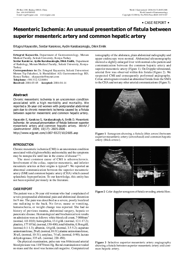 (PDF) Mesenteric ischemia an unusual presentation of fistula between