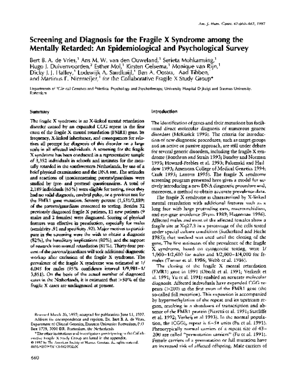 (PDF) Screening and Diagnosis for the Fragile X Syndrome among the ...