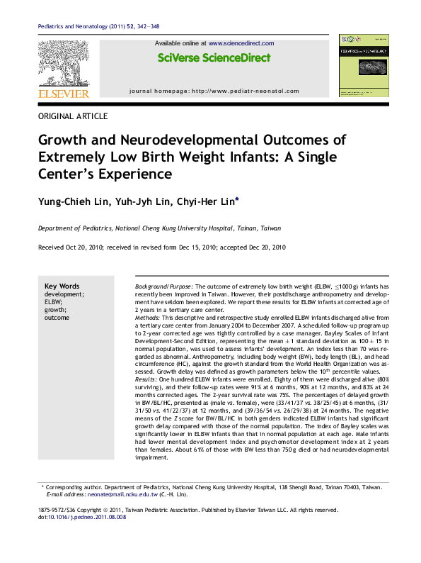 (PDF) Growth and neurodevelopmental outcomes of extremely low birth ...