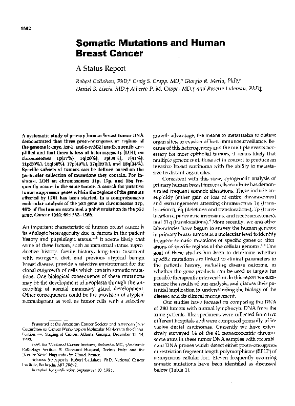 (PDF) Somatic mutations and human breast cancer. A Status Report