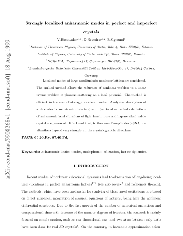 (PDF) Strongly localized anharmonic modes in perfect and imperfect crystals